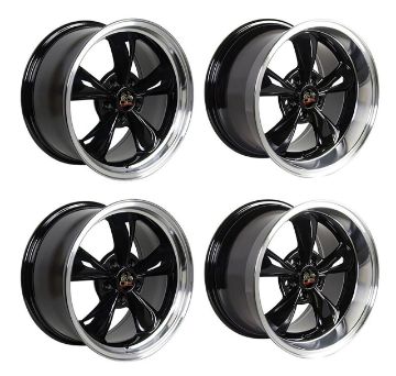 Show details for 1979-2004 Ford Mustang Wheel Set, 17" Bullitt Style, 5 Lug, Gloss Black Machined Lip, Big Staggered Picture of 1979-2004 Ford Mustang Wheel Set, 17" Bullitt Style, 5 Lug, Gloss Black Machined Lip, Big Staggered