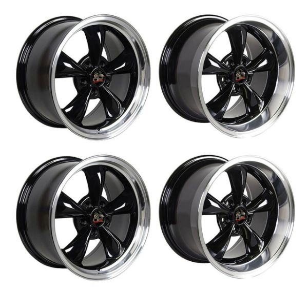 Picture of 1979-2004 Ford Mustang Wheel Set, 17" Bullitt Style, 5 Lug, Gloss Black Machined Lip, Big Staggered