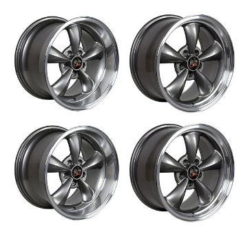Show details for 1979-2004 Ford Mustang Wheel Set, 17" Bullitt Style, 5 Lug, Anthracite Machined Lip, Big Staggered Picture of 1979-2004 Ford Mustang Wheel Set, 17" Bullitt Style, 5 Lug, Anthracite Machined Lip, Big Staggered