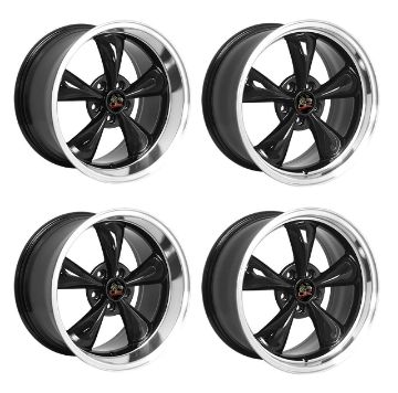 Show details for 1979-2004 Ford Mustang Wheel Set, 18" Bullitt Style, 5 Lug, Gloss Black Machine Lip Staggered Picture of 1979-2004 Ford Mustang Wheel Set, 18" Bullitt Style, 5 Lug, Gloss Black Machine Lip Staggered