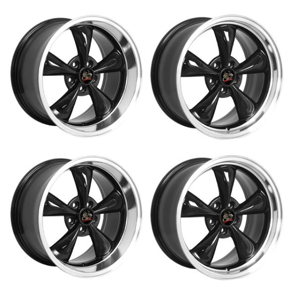 Picture of 1979-2004 Ford Mustang Wheel Set, 18" Bullitt Style, 5 Lug, Gloss Black Machine Lip Staggered