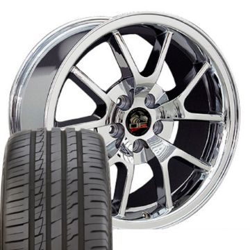 Show details for 1979-2004 Ford Mustang Mounted Tire & Wheel Package - 18" FR500 Style - Chrome W/Ironman Tires Picture of 1979-2004 Ford Mustang Mounted Tire & Wheel Package - 18" FR500 Style - Chrome W/Ironman Tires