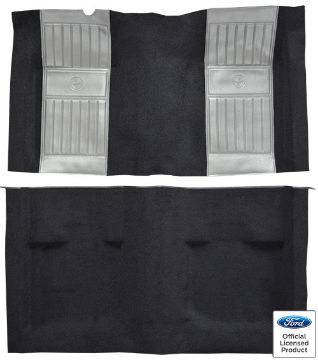 Show details for 1971-1973 Ford Mustang Mach 1 with 2 Gray Running Pony Inserts without Shifter Cut Fastback Nylon Carpet Flooring 601 Black Picture of 1971-1973 Ford Mustang Mach 1 with 2 Gray Running Pony Inserts without Shifter Cut Fastback Nylon Carpet Flooring 601 Black