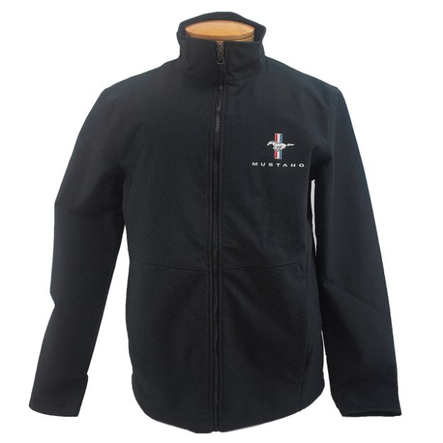Picture of 1964-2021 Ford Mustang Jacket - Mens Solid Soft Shell - Embroidered Tri-Bar Logo - Black - 2XL