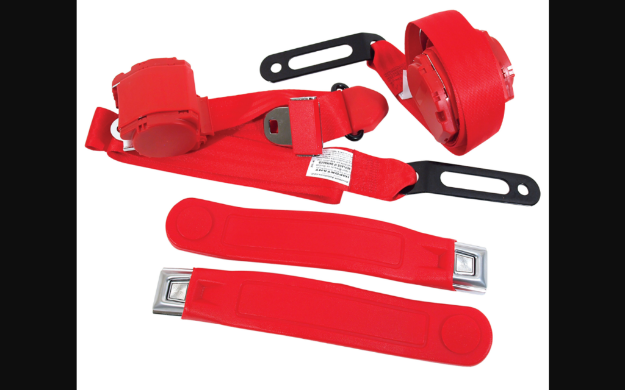Picture of 1968-1973 Ford Mustang Seat Belts. Chrome Push Button - Flame Red