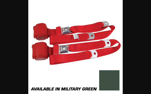 Picture of 1964-1973 Ford Mustang Seat Belts. Rear Chrome Push Button - Mil Green