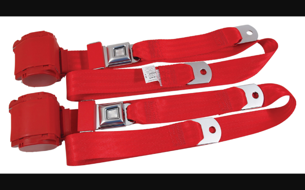 Picture of 1964-1973 Ford Mustang Seat Belts. Rear Chrome Push Button - Flame Red