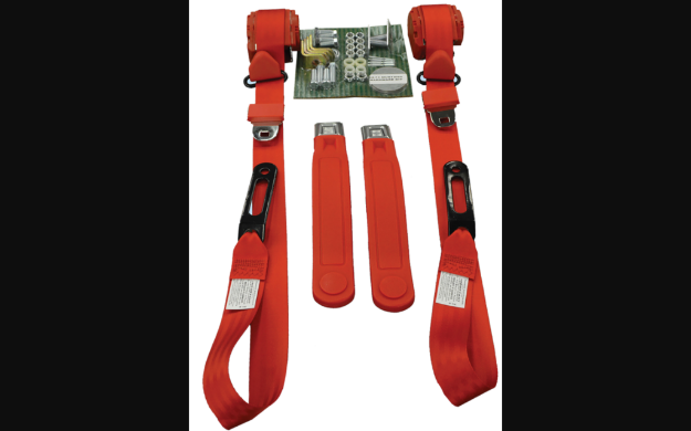 Picture of 1964-1973 Ford Mustang Seat Belts. Chrome Push Button - Flame Red