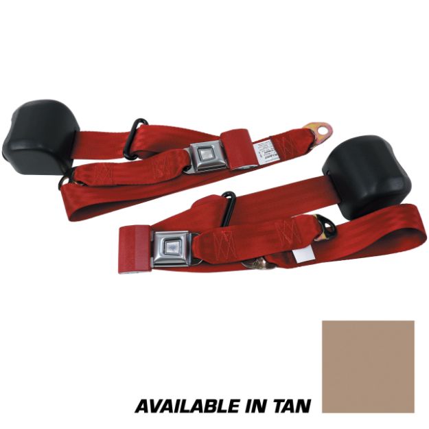 Picture of 1979-1989 Ford Mustang Front Fox Body Seat Belts. Starburst Push Button - Tan