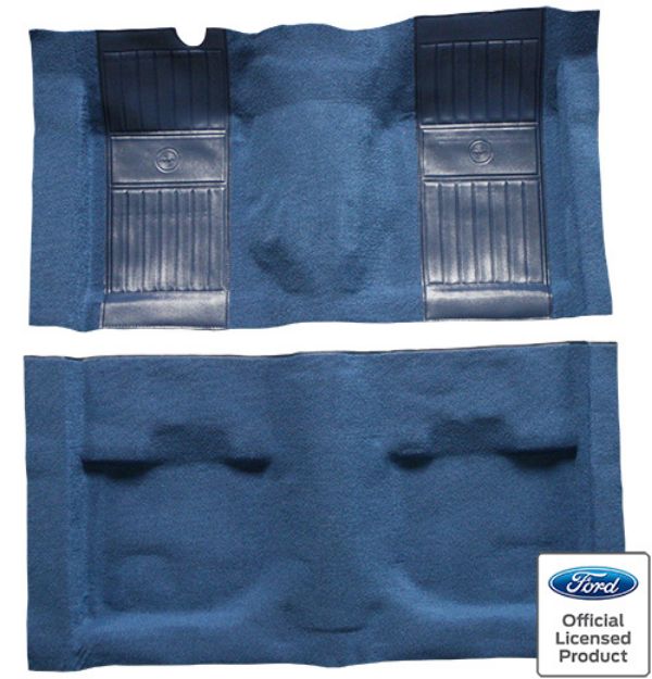 Picture of 1971-1973 Ford Mustang Mach 1 with 2 Medium Blue Running Pony Inserts without Shifter Cut Fastback Nylon Carpet Flooring 601 Black