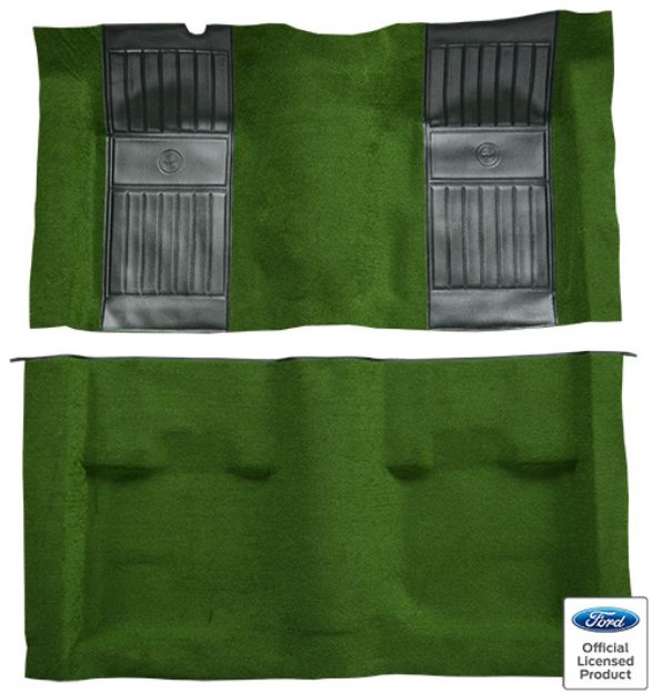 Picture of 1971-1973 Ford Mustang Mach 1 with 2 Green Running Pony Inserts without Shifter Cut Fastback Nylon Carpet Flooring 601 Black