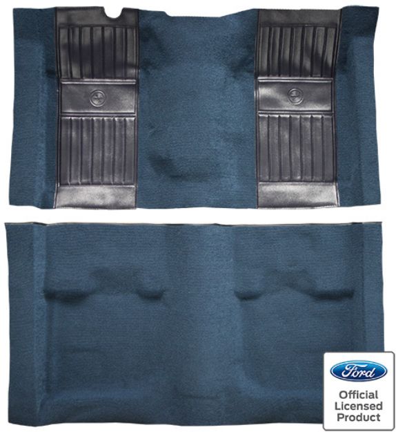 Picture of 1971-1973 Ford Mustang Mach 1 with 2 Dark Blue Running Pony Inserts without Shifter Cut Fastback Nylon Carpet Flooring 601 Black