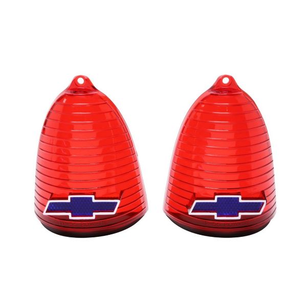 Picture of 1955 Full-Size Chevrolet Red Tail Light Lens with Blue Bowtie Chrome Trim Pair