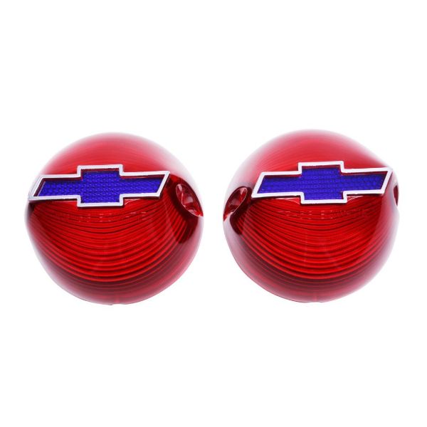 Picture of 1956 Full-Size Chevrolet Red Tail Light Lens with Blue Bowtie Chrome Trim Pair