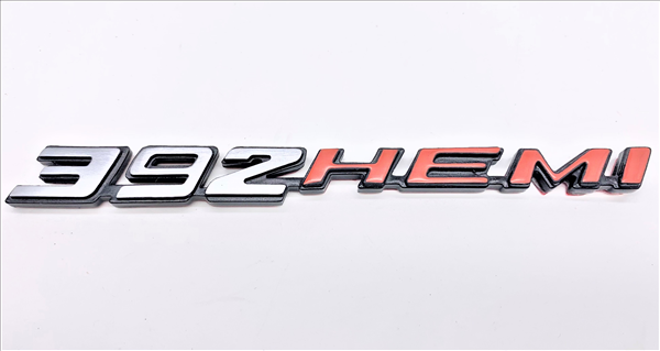 Picture of 2008-Present Dodge Challenger & Charger Retro 392 HEMI Metal Emblem - Brushed Finish with HEMI Orange, Hood/Shaker/Fender Mount
