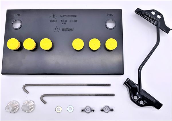 Picture of 1966-1969 Mopar B-Body Group 27 Battery Topper with Yellow Caps - Extended Strap & Battery Post Extenders