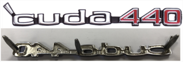Picture of 1970-1971 Plymouth Cuda Rallye Dual Scoop or Shaker Hood 'Cuda 440 Emblem - 3-Pin Mount (3462272), Includes Retainers