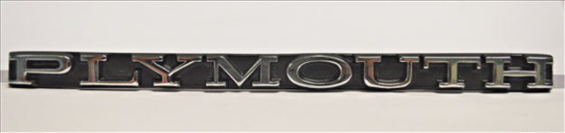 Picture of 1970 Plymouth Barracuda "PLYMOUTH" Grille Emblem - Correct Font & Chrome Finish on Black Background (5.5” Long), Includes Hardware