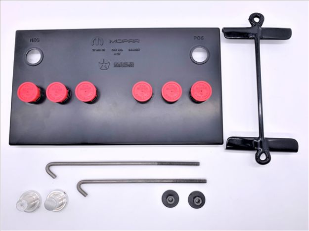 Picture of 1970-1971 Mopar B-Body Group 27 Battery Topper with Red Caps - Extended Strap & Battery Post Extenders