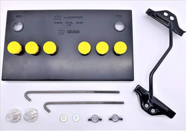 Picture of 1966-1969 Mopar B-Body Group 27 Battery Topper with Yellow Caps - Extended Strap & Battery Post Extenders