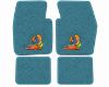Illustration of 1970-1973 Plymouth Cuda Loop floor mats, 4 piece, in 09 Medium Blue with the #103 Cuda On Wheels logo