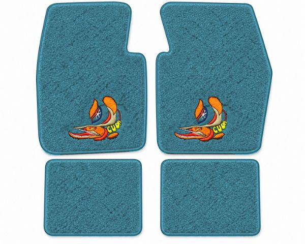 Illustration of 1970-1973 Plymouth Cuda Loop floor mats, 4 piece, in 09 Medium Blue with the #103 Cuda On Wheels logo