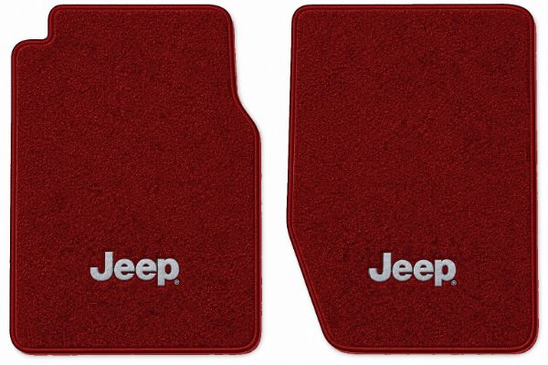 Illustration of 1974-1988 Jeep J20 Cutpile floor mats, 2 piece, in 4305 Oxblood with the #163 Jeep logo