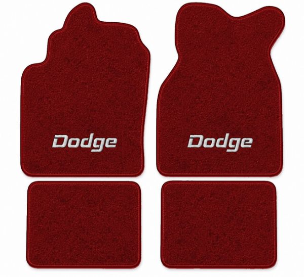 Illustration of 1982 Dodge Omni Charger Cutpile floor mats, 4 piece, in 4305 Oxblood with the #108 Dodge logo