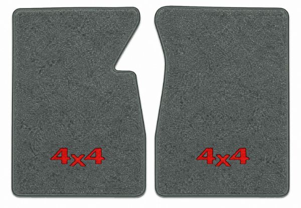 Illustration of 1986 Dodge W100 Cutpile floor mats, 2 piece, in 877 Dove Gray / 8292 with the #82 4x4 logo