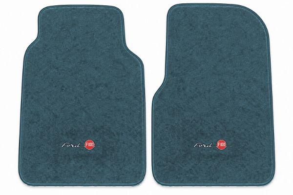 Illustration of 1974 Ford F-100 Cutpile floor mats, 2 piece, in 7766 Blue with the #124 Ford F100 logo