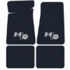 Illustration of 1980 Oldsmobile Cutlass Salon Cutpile floor mats, 4 piece, in 7130 Dark Blue with the #97 Hurst Olds logo