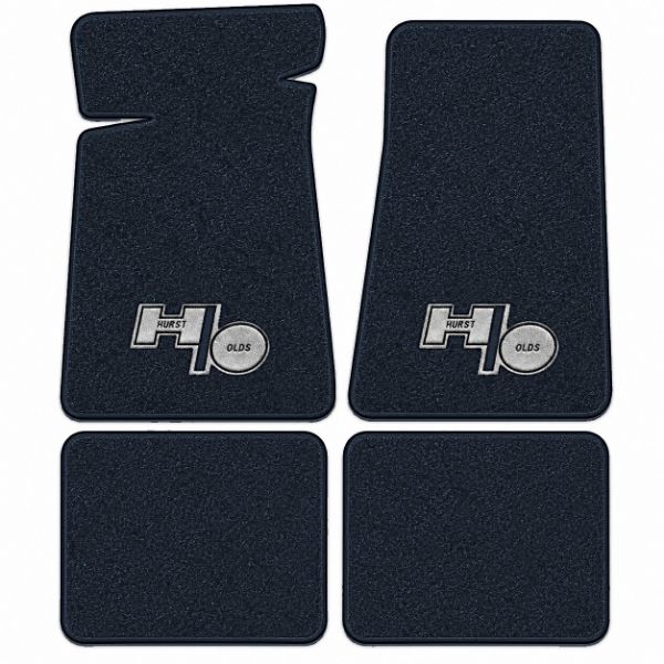 Illustration of 1980 Oldsmobile Cutlass Salon Cutpile floor mats, 4 piece, in 7130 Dark Blue with the #97 Hurst Olds logo
