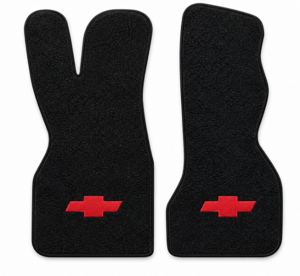 Illustration of 1974 Chevrolet G10 Van 801 Black Cutpile 2-piece floor mats with Chevy Bowtie embroidery