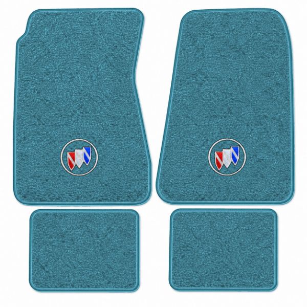 Illustration of 1968-1969 Buick GS 350 4spd Loop floor mats, 4 piece, in 09 Medium Blue with the #73 Buick Shield logo