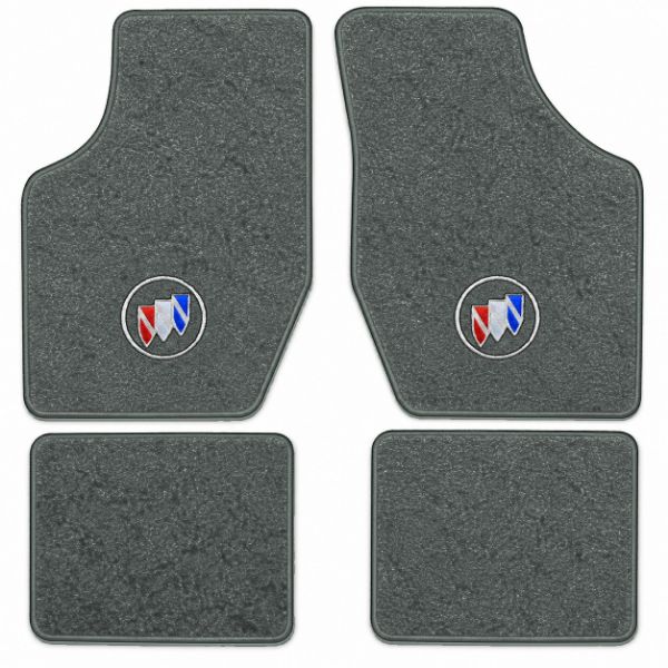 Illustration of 1985 Buick Somerset Regal Cutpile floor mats, 4 piece, in 877 Dove Gray / 8292 with the #73 Buick Shield logo