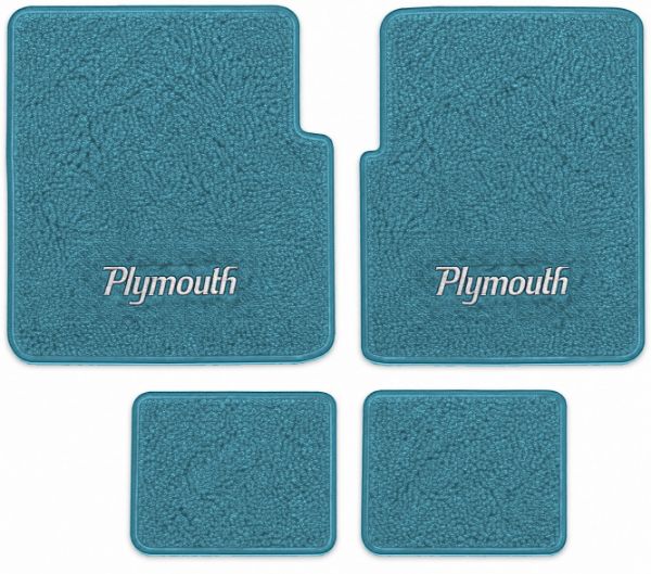 Illustration of 1970 Plymouth Fury Gran Coupe Loop floor mats, 4 piece, in 09 Medium Blue with the #243 Plymouth logo
