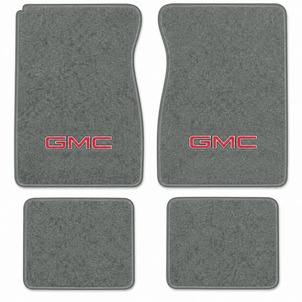 Illustration of 1974 GMC C25/C2500 Pickup Crew Cab Cutpile floor mats, 4 piece, in 807 Dark Gray with the #68 GMC logo