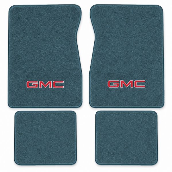 Illustration of 1987-1989 GMC R2500 Crew Cab Cutpile floor mats, 4 piece, in 7766 Blue with the #68 GMC logo