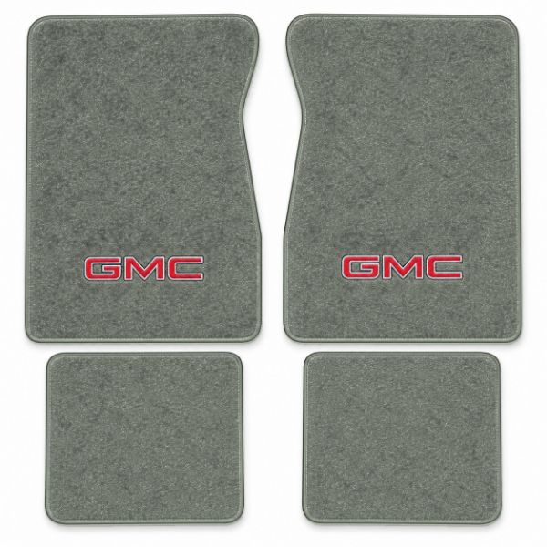 Illustration of 1987-1991 GMC V3500 Crew Cab Cutpile floor mats, 4 piece, in 857 Medium Gray with the #68 GMC logo