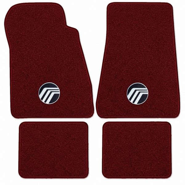 Illustration of 1987 Mercury Colony Park Cutpile floor mats, 4 piece, in 825 Maroon with the #362 Mercury Emblem Silver outline And Silver Arcs logo