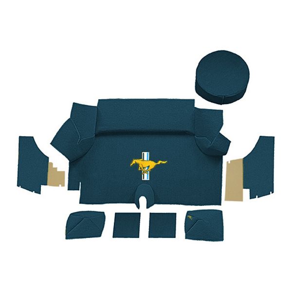 Illustration of 1969-1970 Ford Mustang Fastback Trunk Kit with Boards trunk mat Nylon, 8 piece, in 606 Medium Blue with the #3 Mustang Gold Running Pony logo