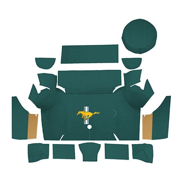 Illustration of 1967-1968 Ford Mustang Coupe Trunk Kit with Boards trunk mat Loop, 12 piece, in 05 Aqua with the #3 Mustang Gold Running Pony logo