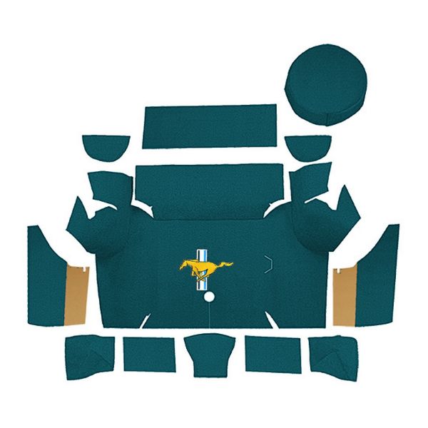 Illustration of 1967-1968 Ford Mustang Coupe Trunk Kit with Boards trunk mat Nylon, 12 piece, in 605 Aqua with the #3 Mustang Gold Running Pony logo