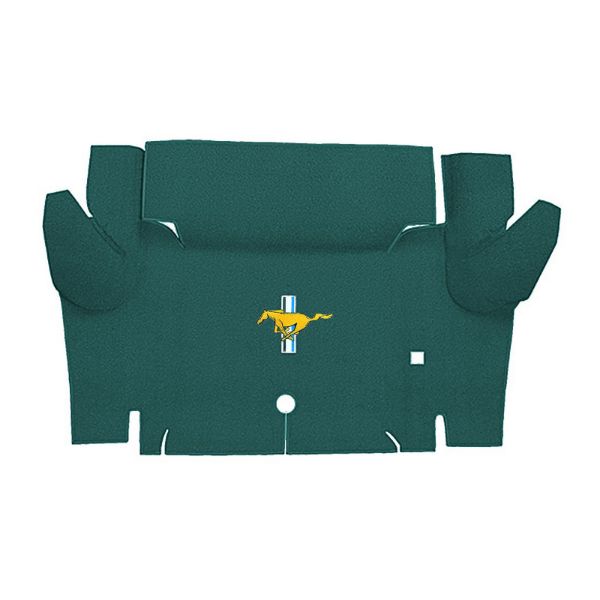 Illustration of 1965-1966 Ford Mustang Coupe Trunk Kit Floor Only trunk mat Loop, 1 piece, in 05 Aqua with the #3 Mustang Gold Running Pony logo