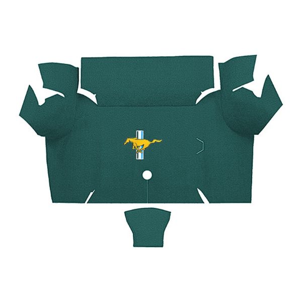 Illustration of 1967-1968 Ford Mustang Coupe Trunk Kit Floor Only trunk mat Loop, 2 piece, in 05 Aqua with the #3 Mustang Gold Running Pony logo