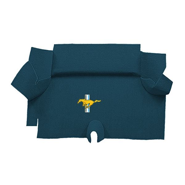 Illustration of 1969-1970 Ford Mustang Fastback Trunk Kit Floor Only trunk mat Nylon, 1 piece, in 606 Medium Blue with the #3 Mustang Gold Running Pony logo