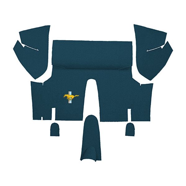Illustration of 1971-1973 Ford Mustang Coupe Trunk Kit Floor Only trunk mat Nylon, 6 piece, in 606 Medium Blue with the #3 Mustang Gold Running Pony logo