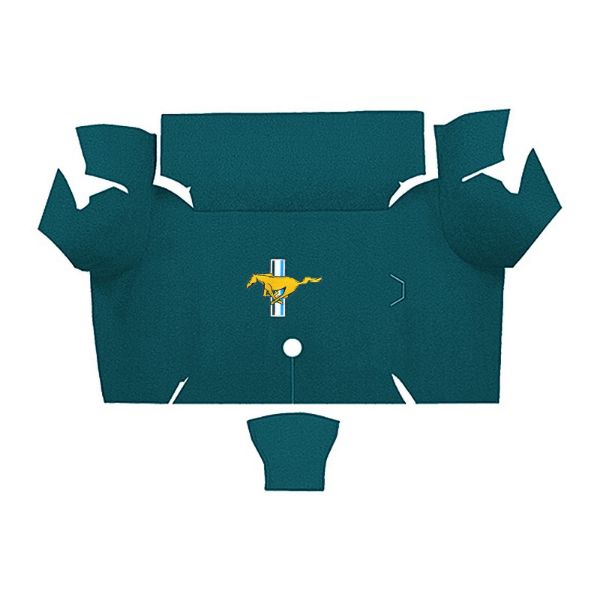 Illustration of 1967-1968 Ford Mustang Coupe Trunk Kit Floor Only trunk mat Nylon, 2 piece, in 605 Aqua with the #3 Mustang Gold Running Pony logo