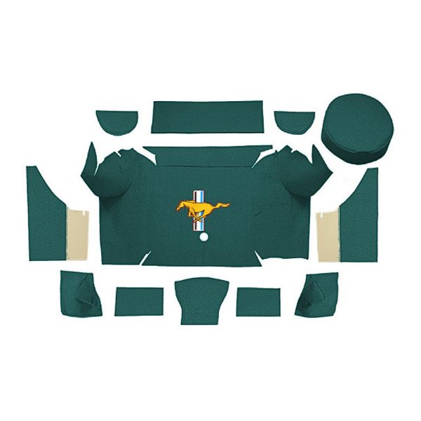 Illustration of 1967-1968 Ford Mustang Convertible Trunk Kit with Boards trunk mat Loop, 12 piece, in 05 Aqua with the #3 Mustang Gold Running Pony logo