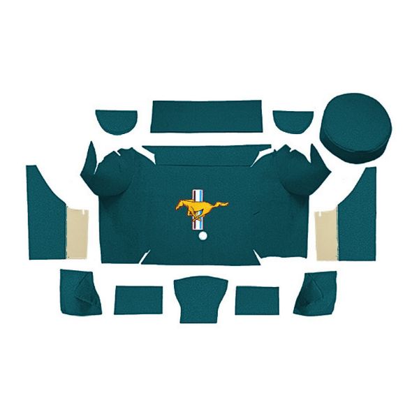 Illustration of 1967-1968 Ford Mustang Convertible Trunk Kit with Boards trunk mat Nylon, 12 piece, in 605 Aqua with the #3 Mustang Gold Running Pony logo